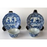 Pair of Chinese Export Blue and White Tea Bowls and Saucers of canted form, decorated with Long Liza