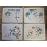 Four 20th Century Chinese paintings on silk, of birds on summer flowering shrubs, signed, 25x34.5cm.