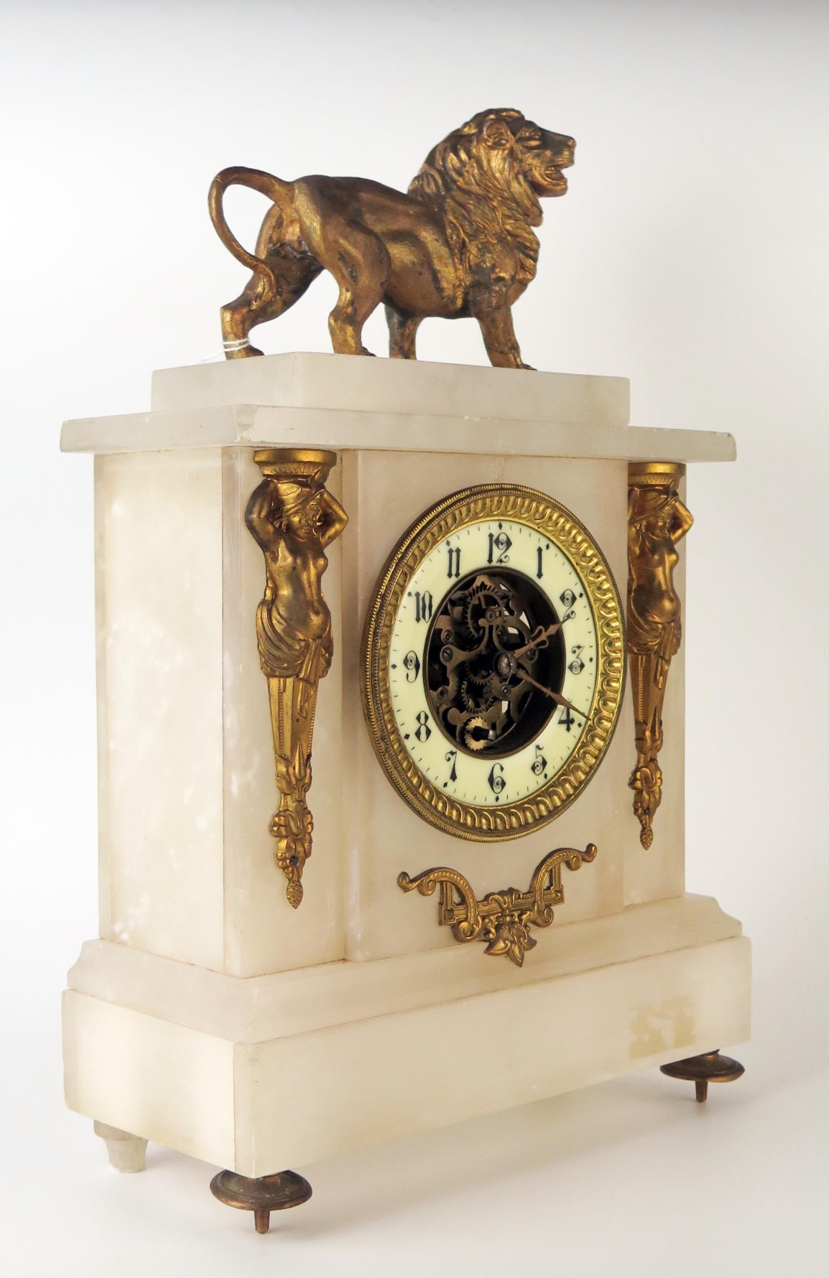 A late 19th century alabaster and gilt metal mounted mantel timepiece, of rectangular outline, - Image 2 of 3