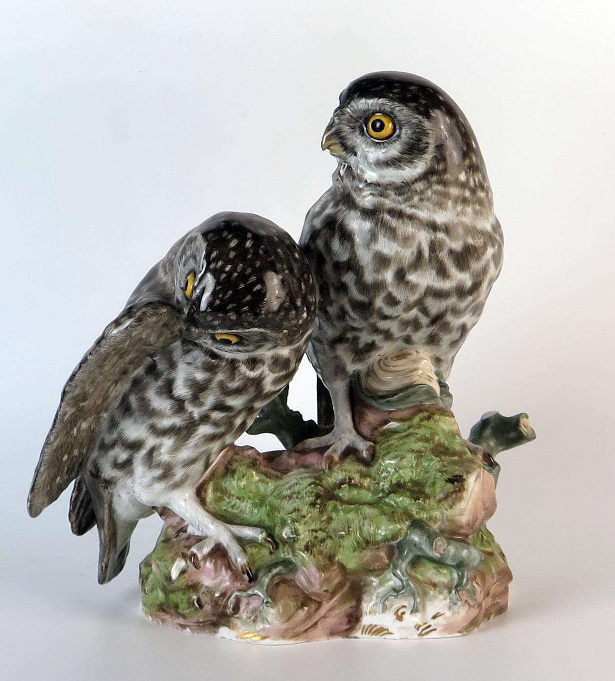 Late 19th Century Meissen Bird Group modelled as a pair of owlets sitting on a rocky outcrop, blue