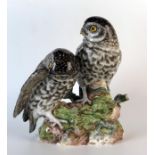 Late 19th Century Meissen Bird Group modelled as a pair of owlets sitting on a rocky outcrop, blue