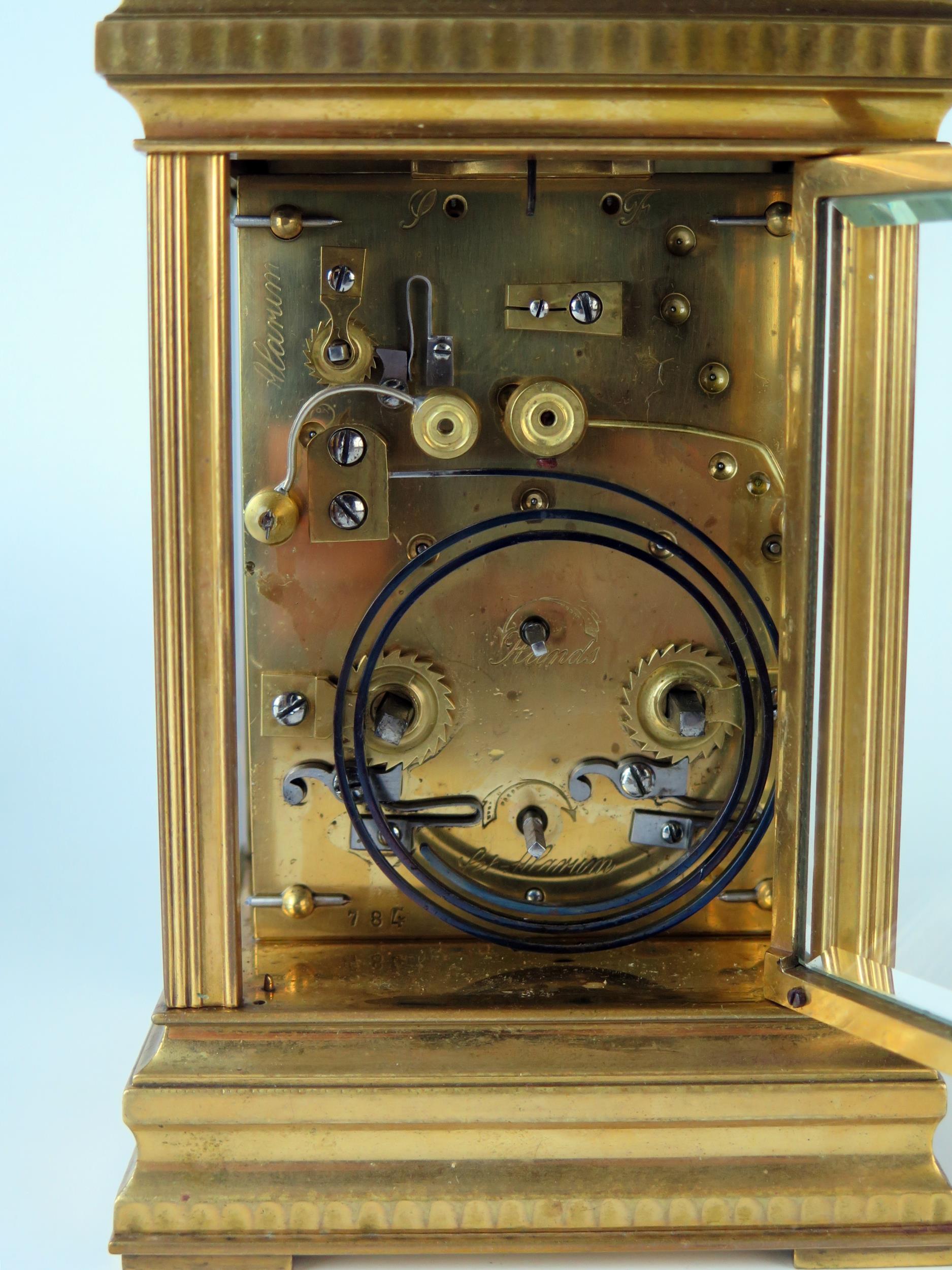 A late 19th century French brass carriage clock, with 8cm Roman dial with subsidiary alarm dial, the - Image 4 of 6