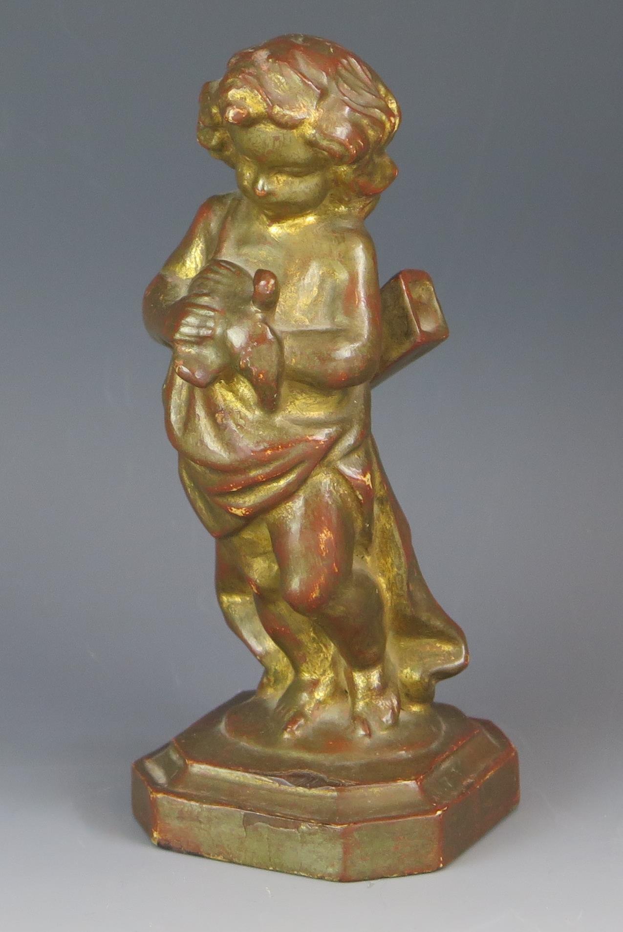 19th Century Carved Giltwood Figure holding a bird and with quiver to the back, 17cm high