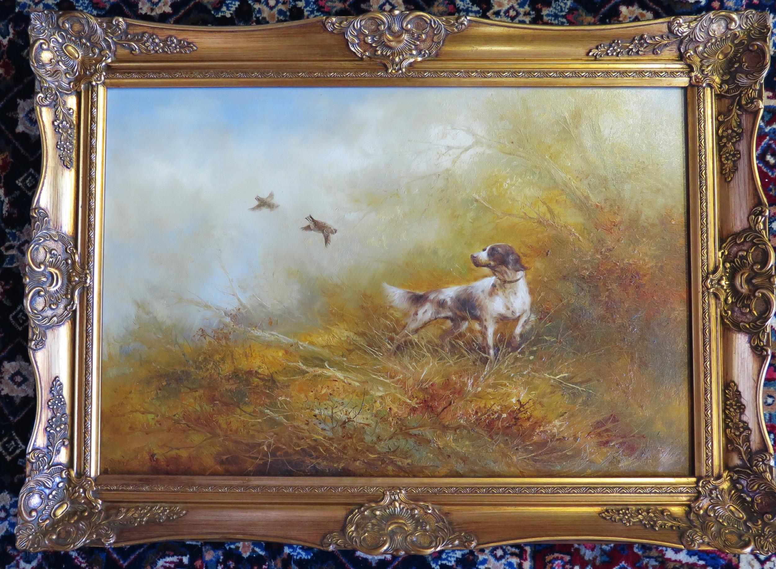 C20th Oil on Canvas of a Hunting scene depicting a spaniel chasing out fowl, 75 x 50cm (excl.