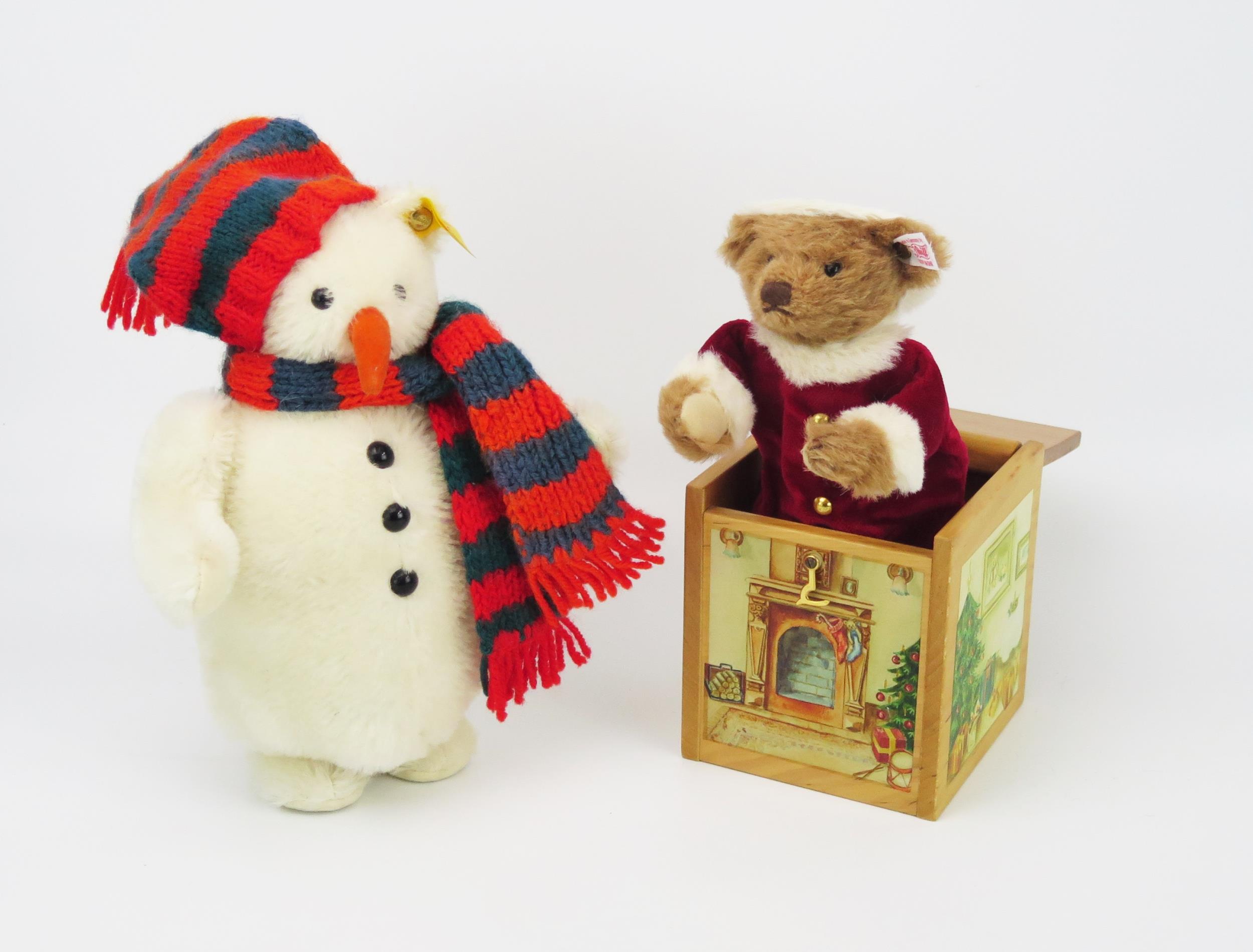 Steiff Christmas Pair (1) Jack-in-the-box Farther Christmas Bear 038419 (00053), (2) Snowman 654800