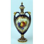 Royal Worcester Fruit Vase and Cover of egg shape with two handles, decorated with apple and grapes,