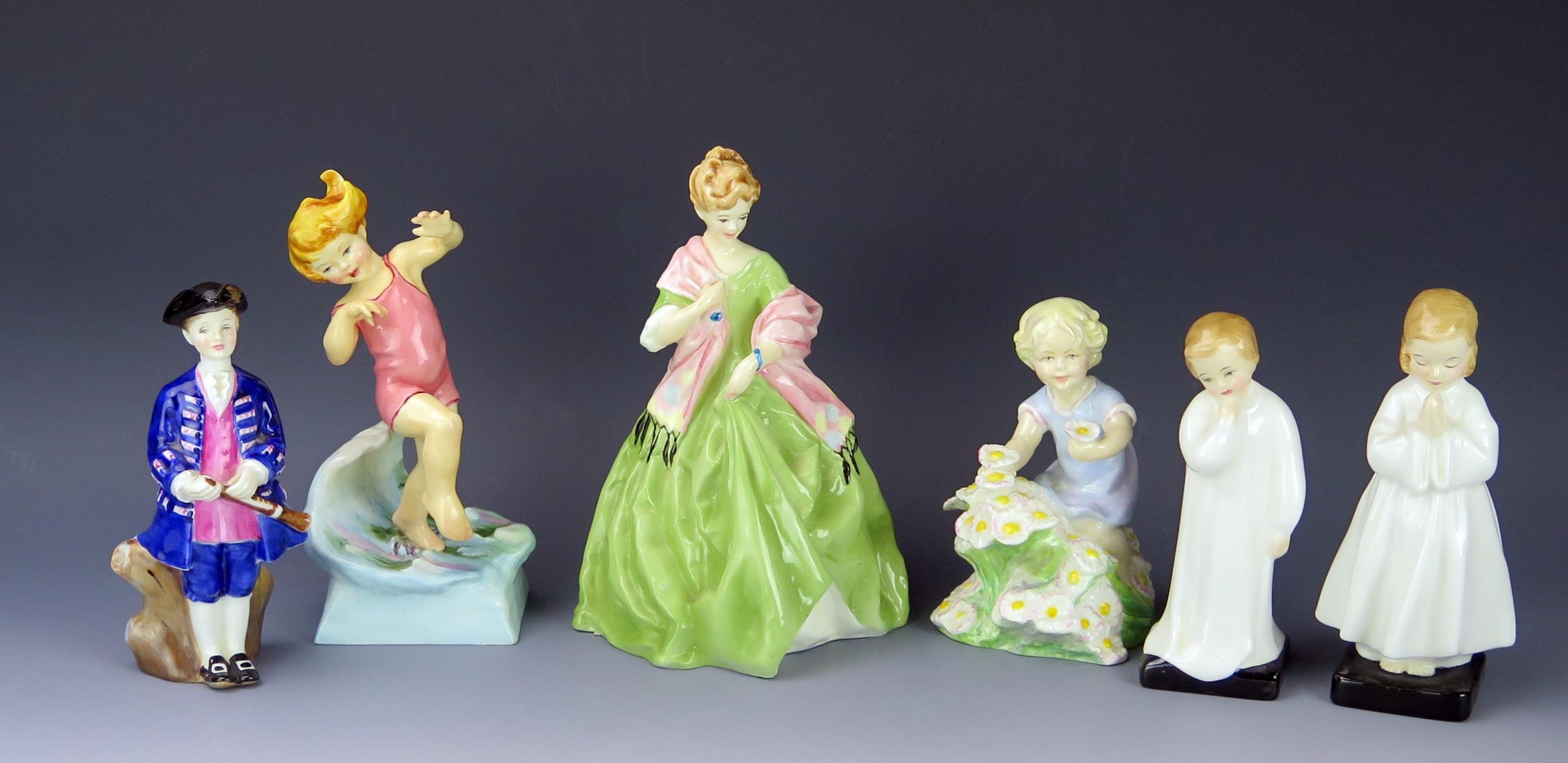 Six Royal Worcester (July 3440, May 3455, First Dance 3629) and Royal Doulton Figurines (Boy from