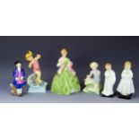 Six Royal Worcester (July 3440, May 3455, First Dance 3629) and Royal Doulton Figurines (Boy from