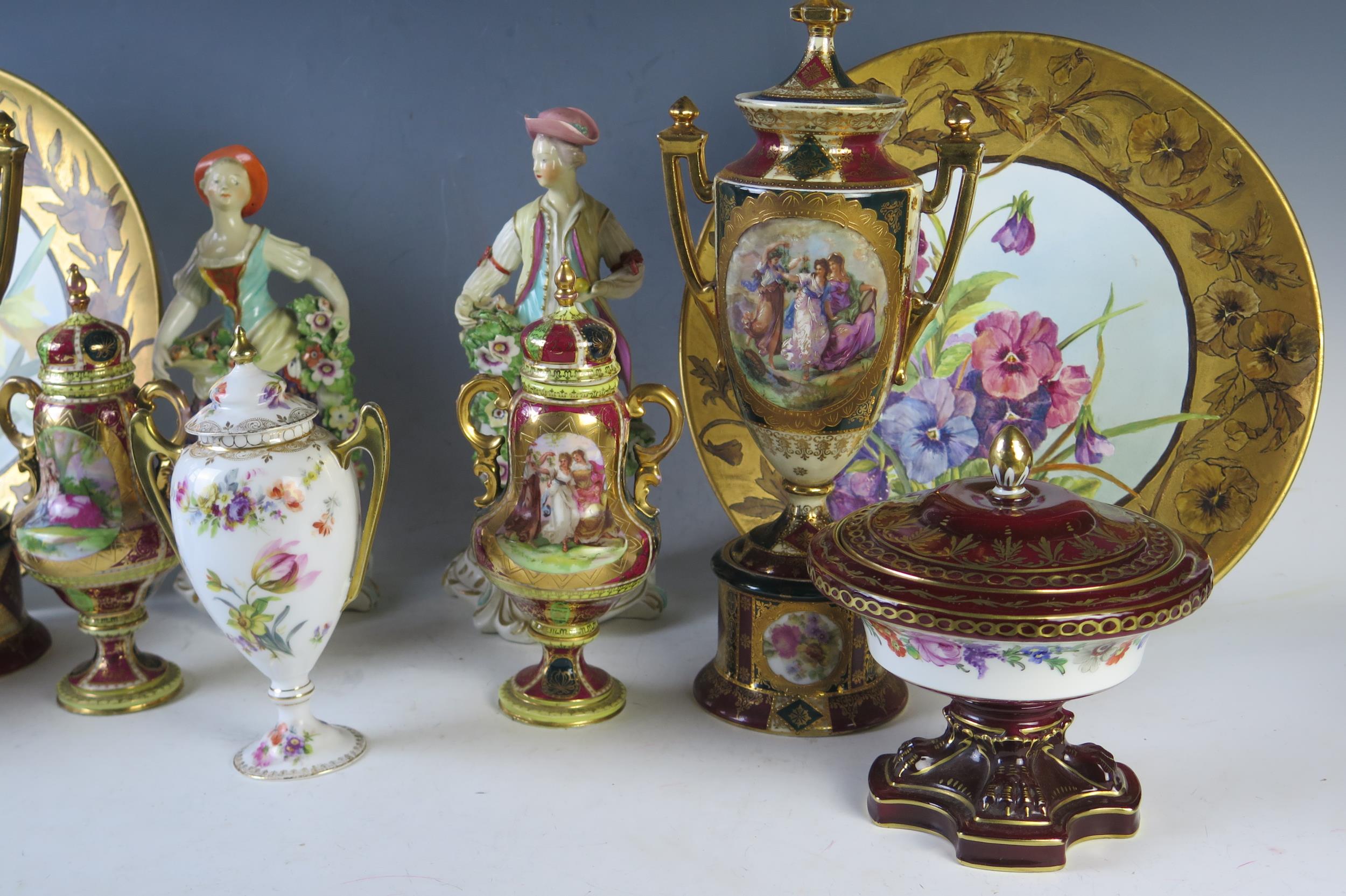 Pair of Royal Vienna Style Classical Two Handle Vases set on a plinth base, together with a pair - Image 3 of 4