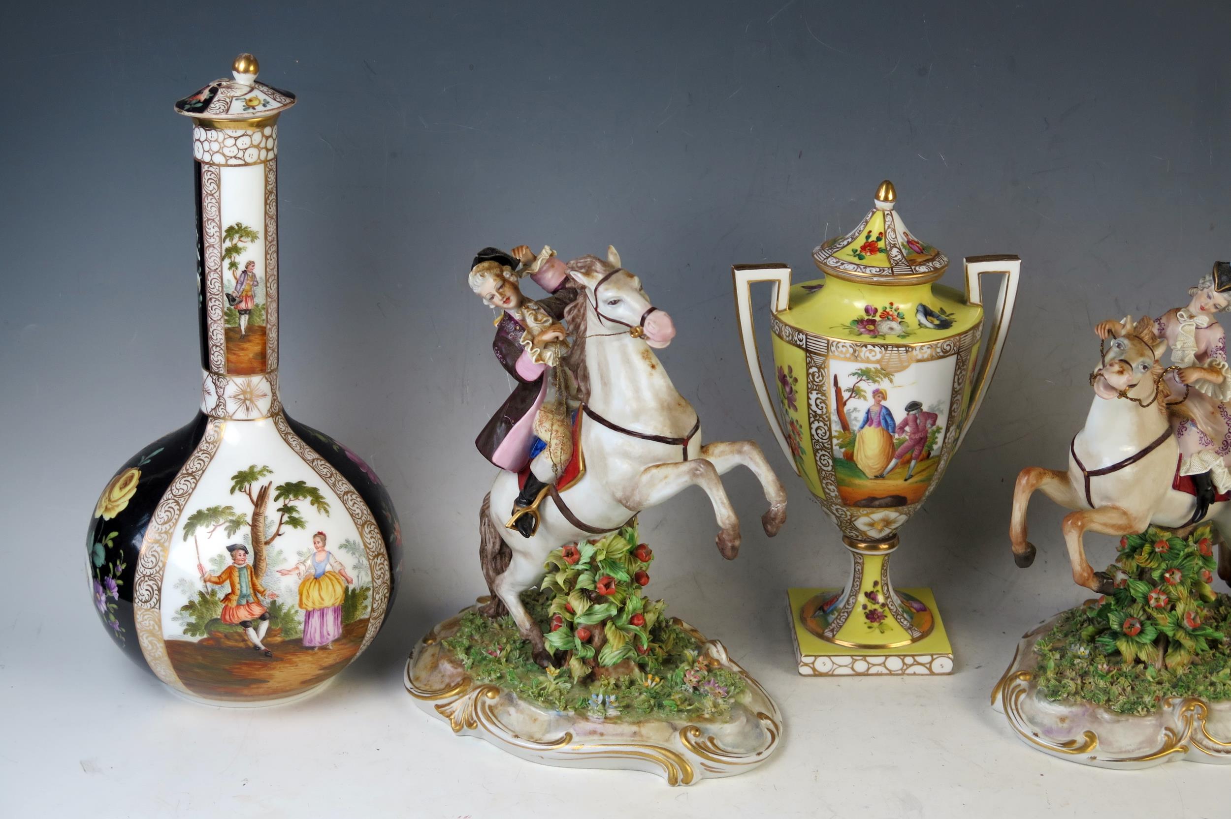 Pair of Dresden Porcelain Bottle Vases and Covers with a black ground, together with a yellow ground - Image 2 of 3