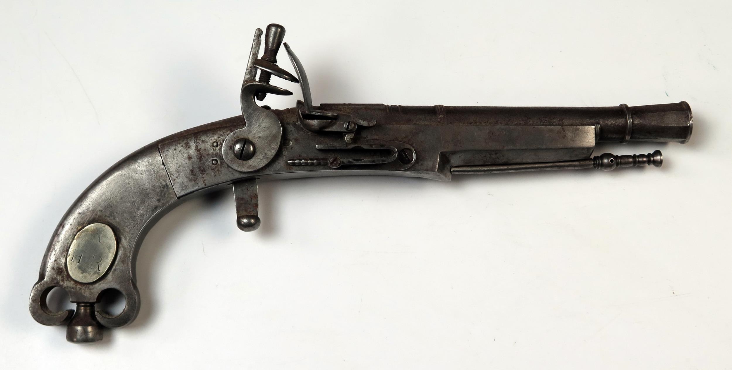 18th Century Style Flintlock Pistol, all steel construction, 7/75" barrel