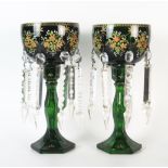 A pair of 19th Century Green Glass Lusters, of goblet form, decorated with green, pink and white