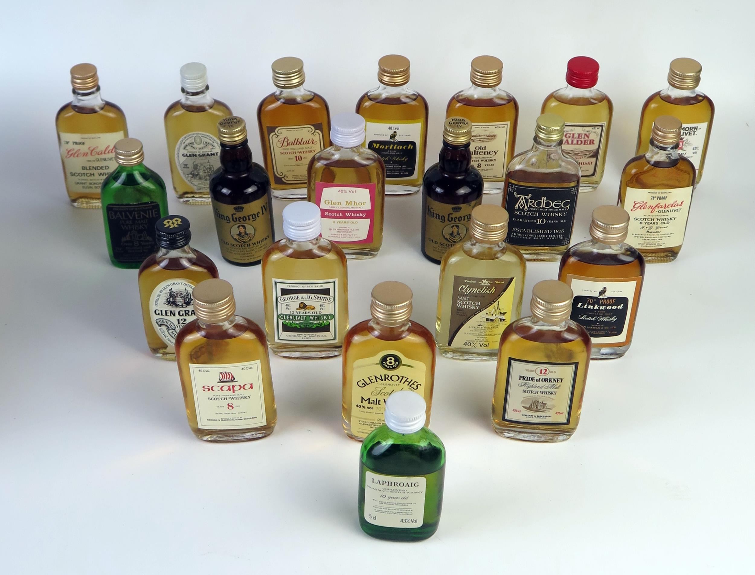 21 Miniature Bottles of Whisky including Glen Grant 12, Laphroaig 10, Glenfarclas 8, Clynelish 12,