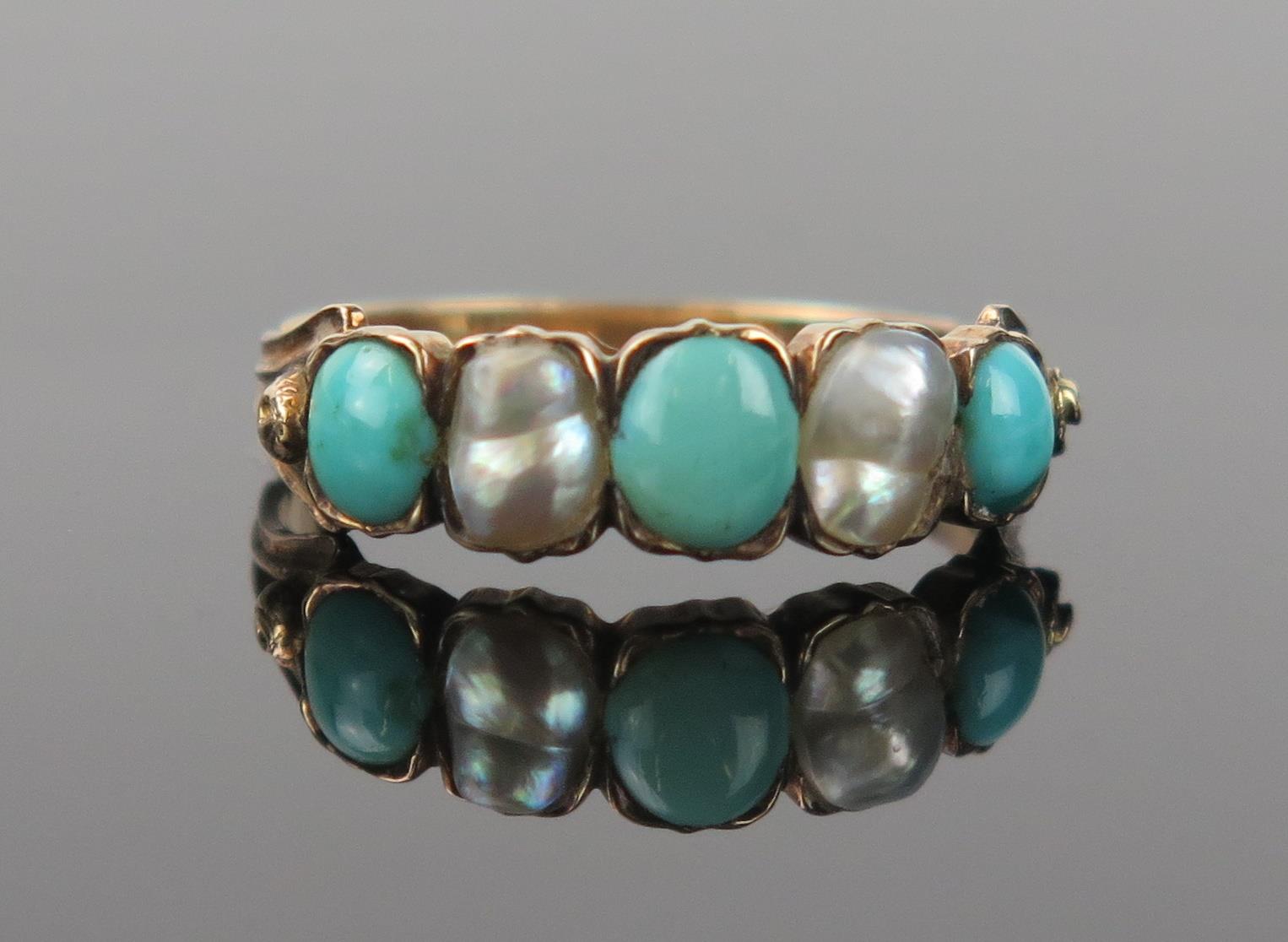 An Antique Gold, Turquoise and Baroque Pearl Ring, not marked, ring size L, 1.5g (pearl untested)