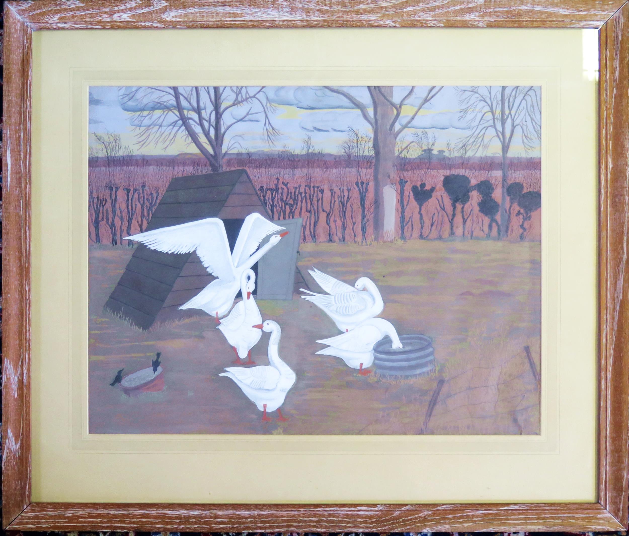 20th century school, Geese feeding in a pen, watercolour, unsigned, undated, 440 x 580cm