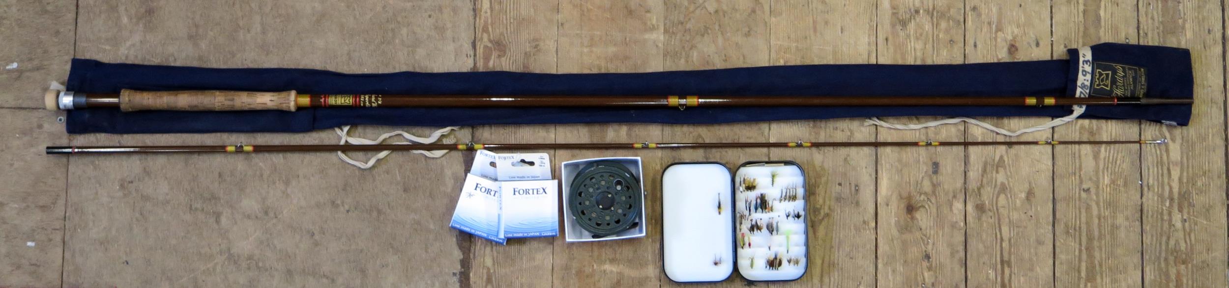 A Modern Hardy 9.25' Richard Walker Superlite Fishing Rod, Shakespeare 'Glider' reel and flies