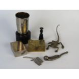 Bronze Alloy Lizard with inset glass eyes, two brass boxes, Royal Navy bosun's whistle, desk seal,