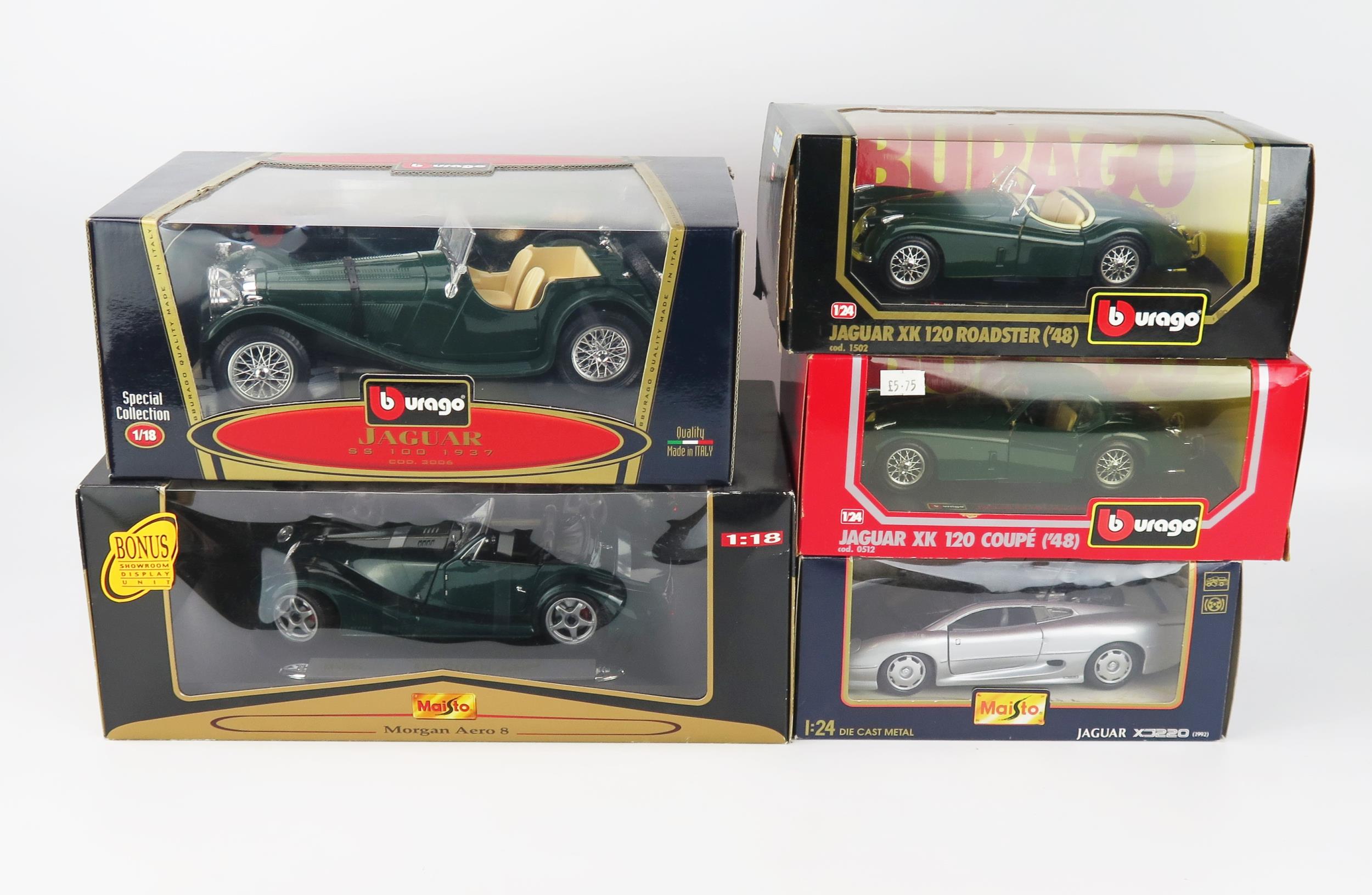 Maisto and Bburago 1:18 and 1:43 Group including x4 Jaguars and a Morgan Aero 8 - mostly new in