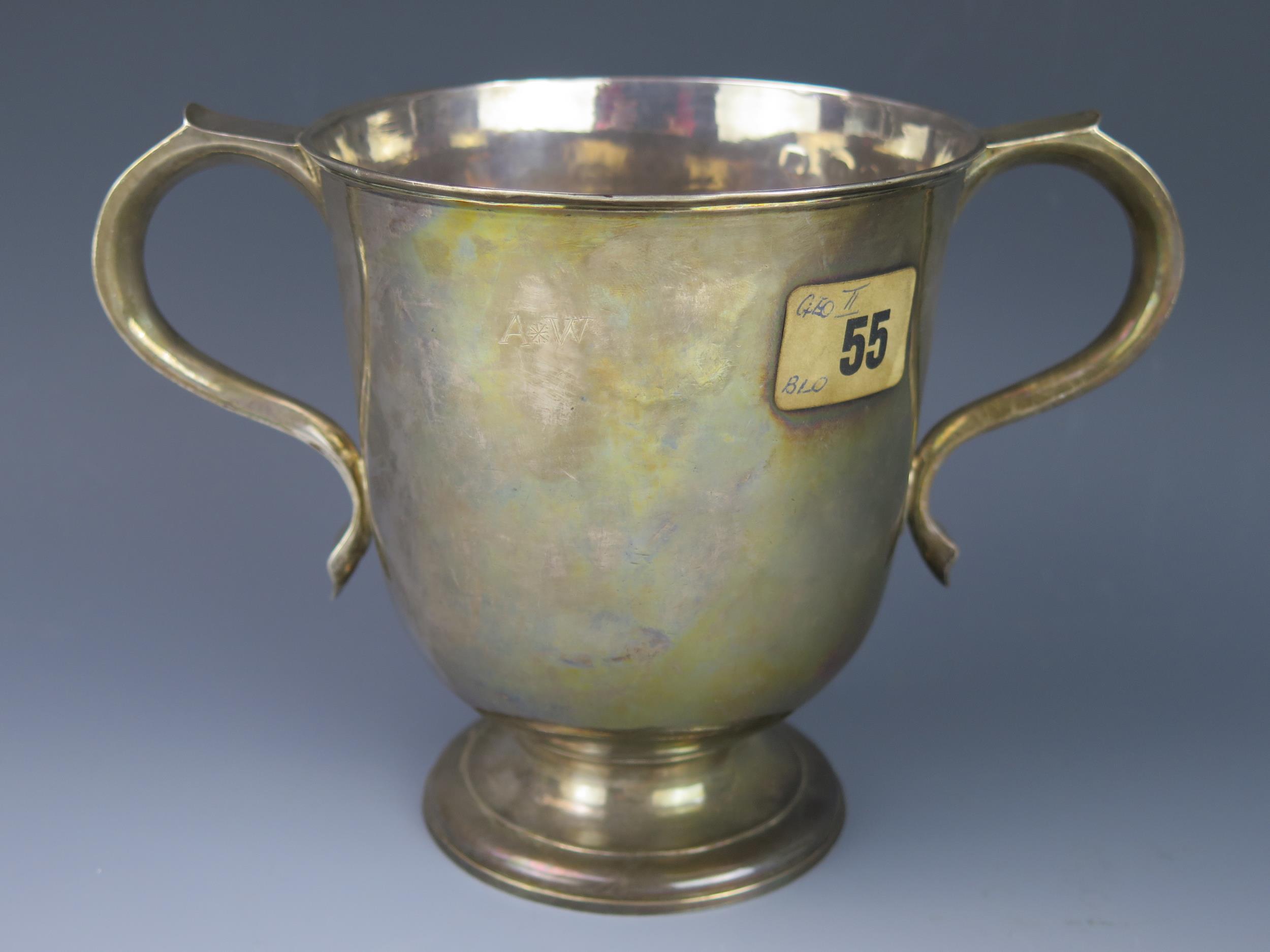 A George II silver twin handled loving cup, makers mark worn, London, 1729, initialled, with - Image 3 of 3