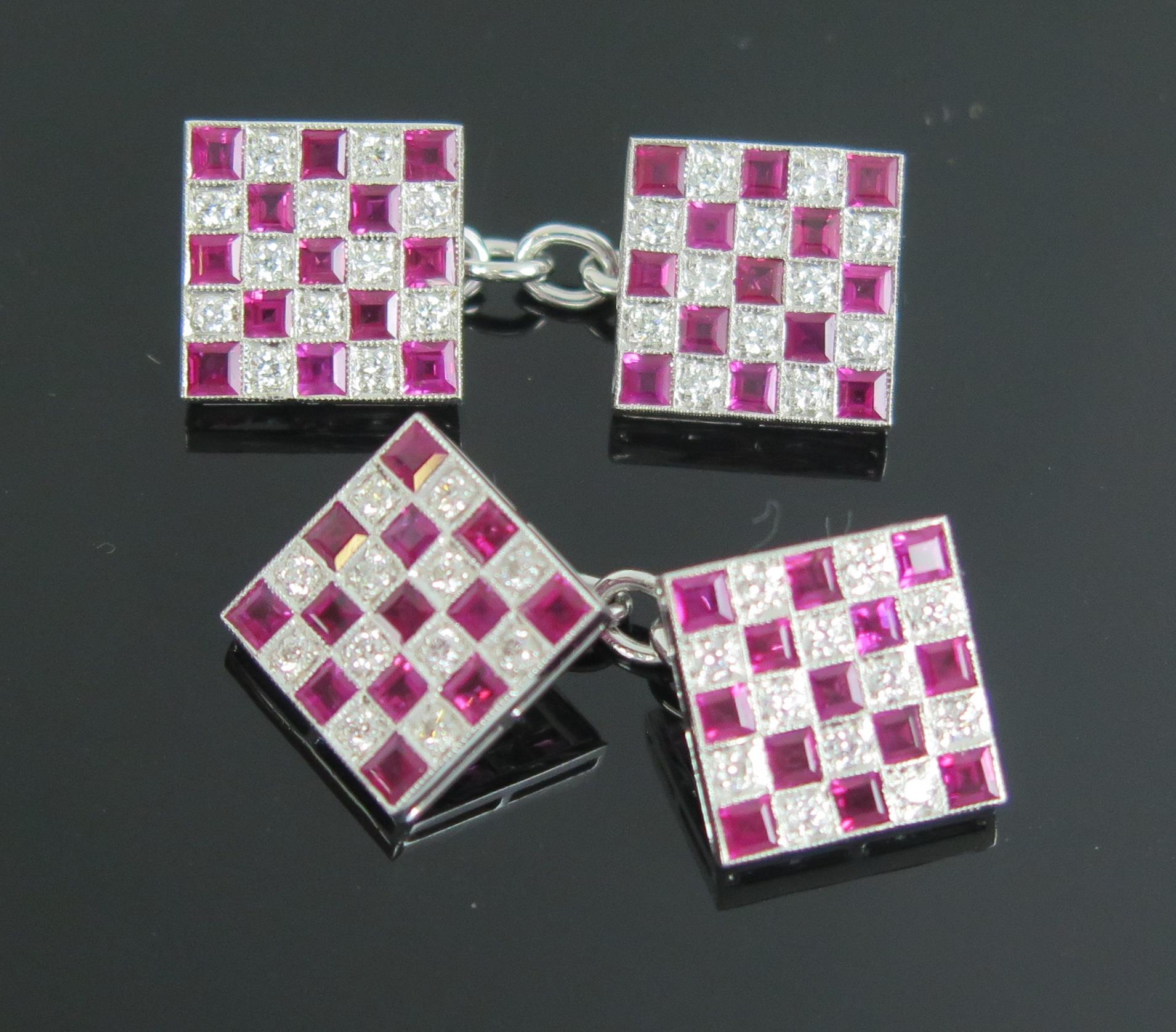 A Pair of Ruby and Diamond Cufflinks in unmarked precious white metal setting, boxed, 7.8g - Image 2 of 2