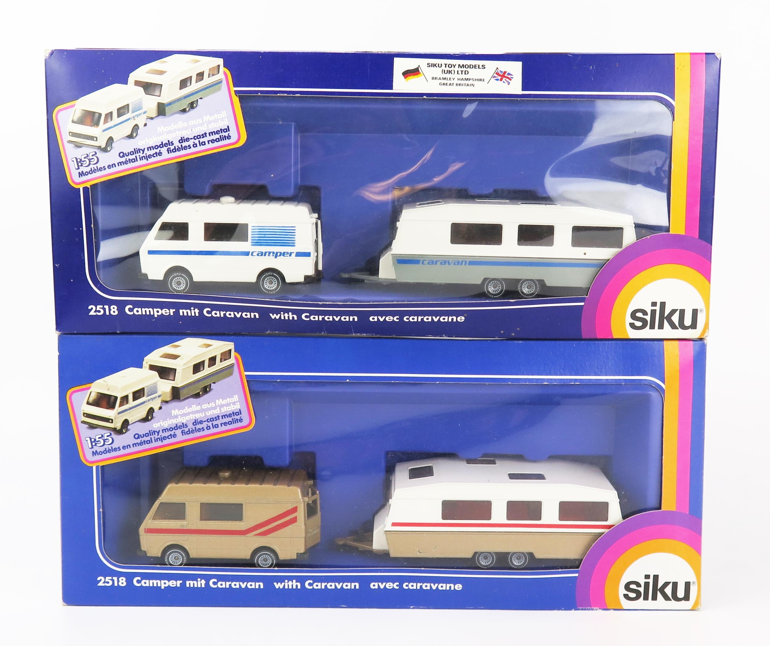 Siku 2518 VW Camper and Caravan variation pair - (1) white/grey/blue, (2) metallic tan, white, red -