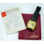 Omega Gent's Gold Plated Quartz Wristwatch with Omega leather strap, plastic sleeve of paperwork.