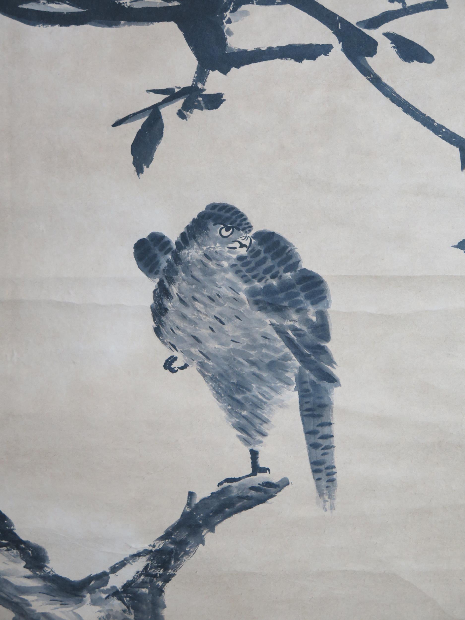 A Chinese scroll painting, an Eagle sitting on a broken bow, ink on paper, school of Bada Shanren ( - Image 5 of 5