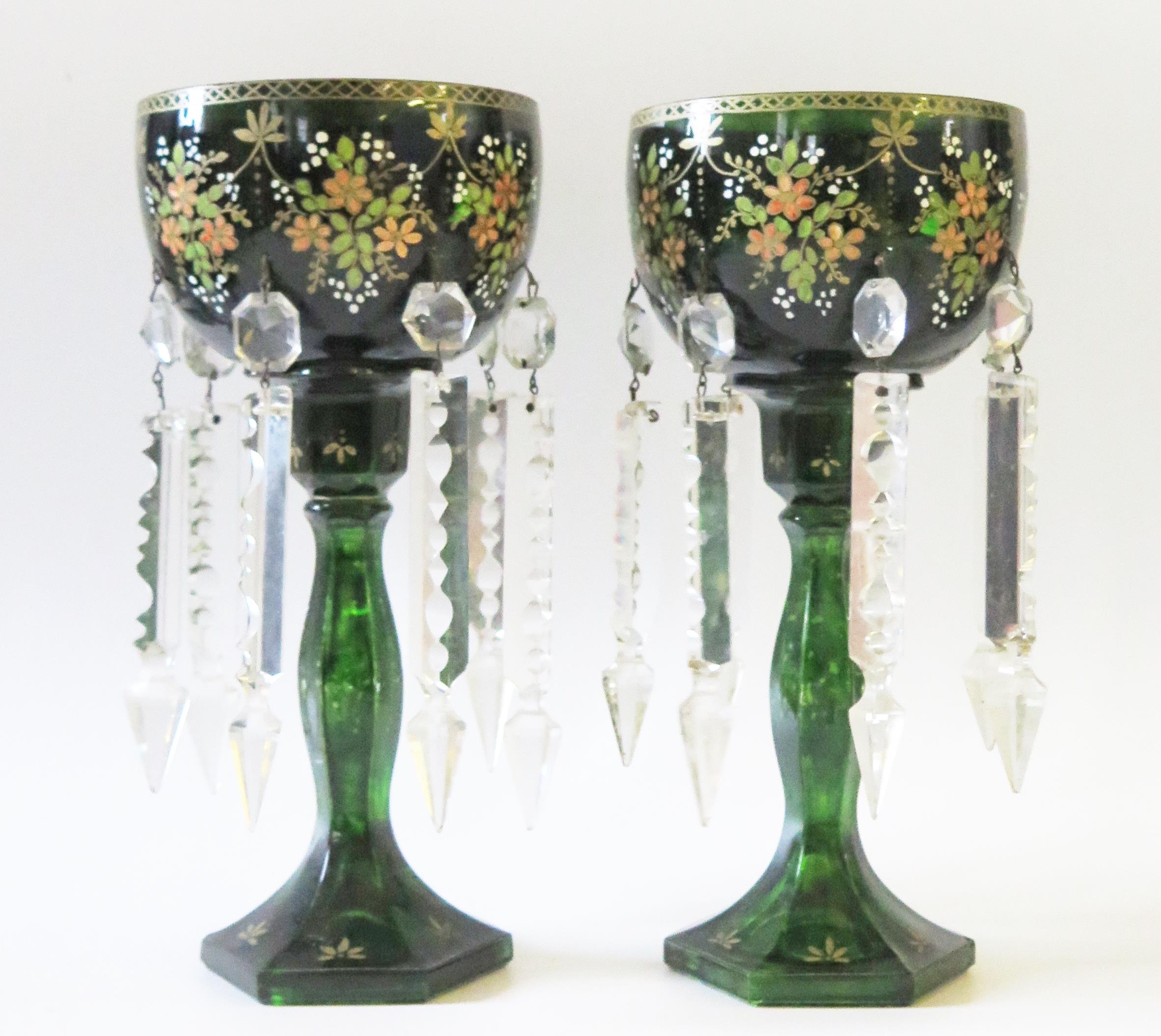 A pair of 19th Century Green Glass Lusters, of goblet form, decorated with green, pink and white - Image 2 of 2