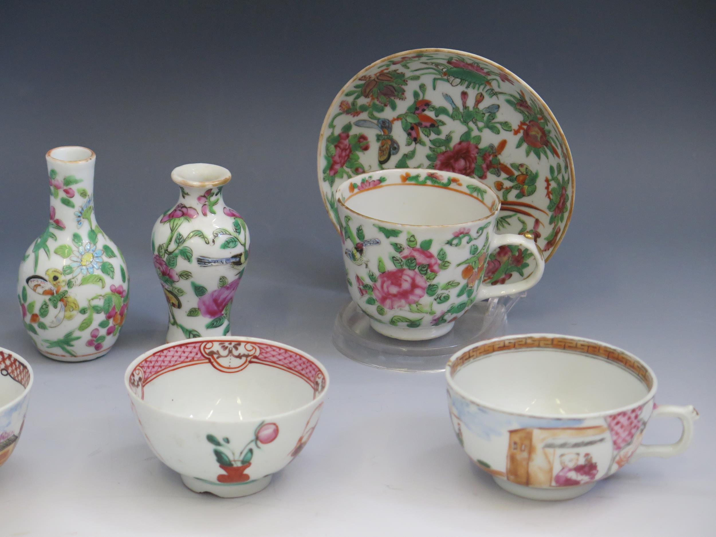 A Cantonese famille vert porcelain cup and saucer, two miniature vases 8cm and 9cm high, a blue - Image 3 of 3