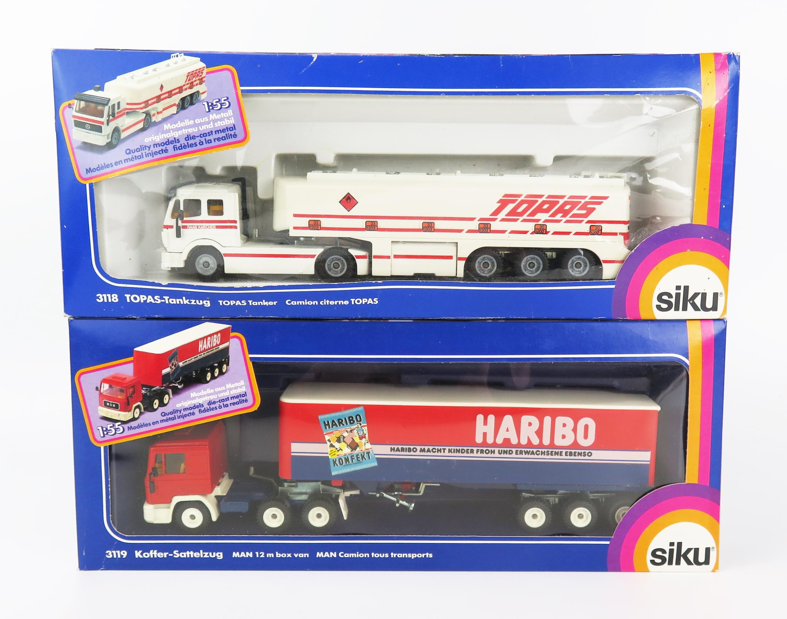 Siku Articulated Lorry Pair - (1) 3118 Mercedes "TOPAS" tanker "RAAB KARCHER", (2) 31119 MAN 12m box