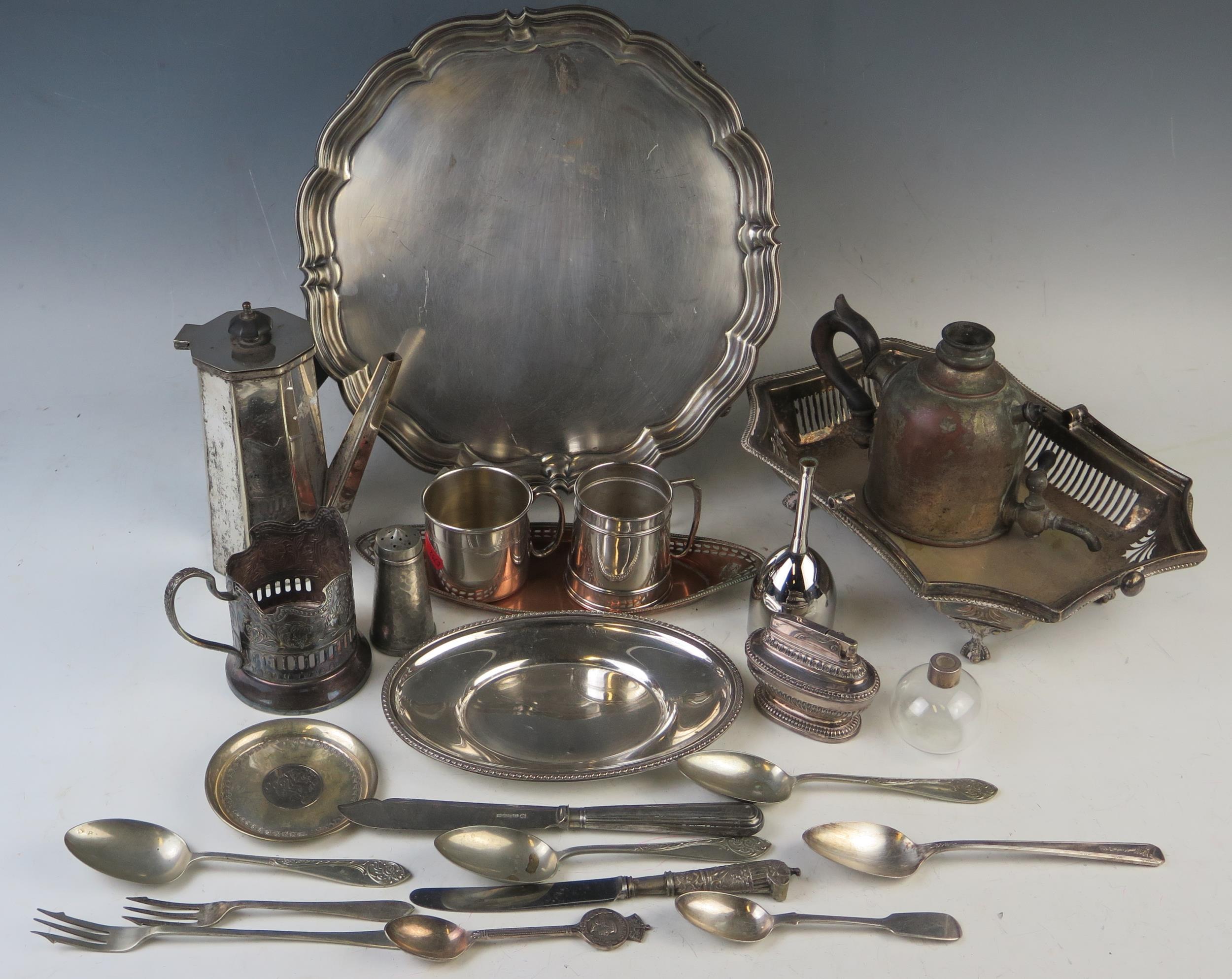 A collection of assorted plated wares, including salver, swing handled basket, chocolate pot, etc.