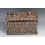 19th Century Carved and Embossed Leather Tea Caddy, 23.5x12.5cm. Fittings removed