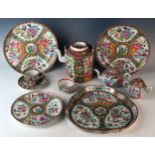 Chinese Canton Ware Famille Rose Part Tea Set, comprising of a hot water kettle, teapot, two