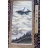 A Japanese scroll painting, depicting a view of mount Fujiama with pine forest and river below,