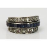Art Deco Sapphire, Red Stone and Diamond Swivel Eternity Ring, the channel set sapphire and