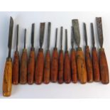 Collection of Fourteen Wood Chisels by William Marples & Sons, each handle hand decorated with