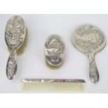 Chinese Matched Silver Backed Hand Mirror and Brush Set