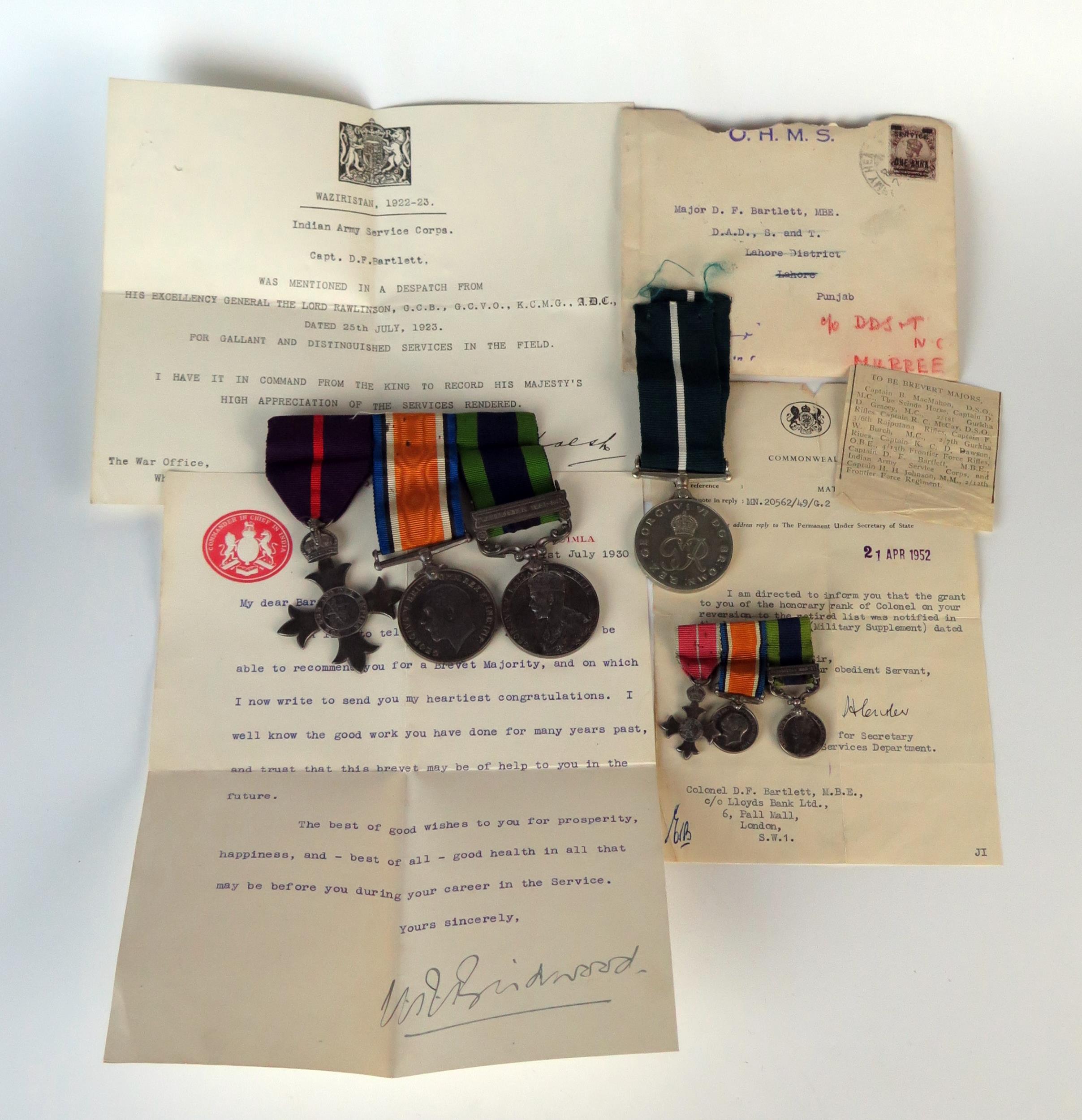 British Four Medal Group awarded to CAPT. D.F. BARTLETT. I.A.S.C. comprising WWI War Medal, India
