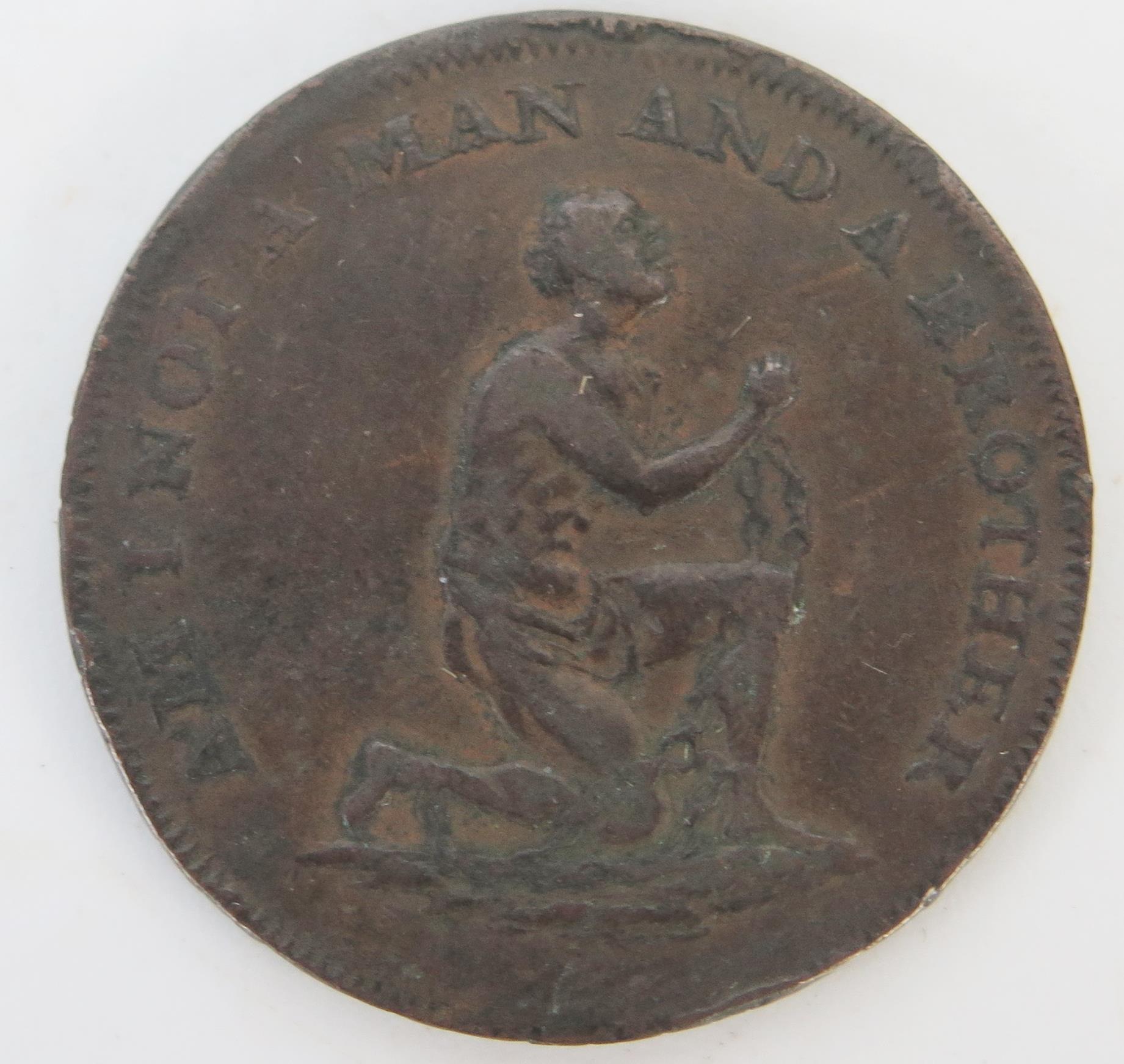 Middlesex, Political + Social Series, Lutwyche’s Anti-slavery halfpenny undated but c.1795. Kneeling