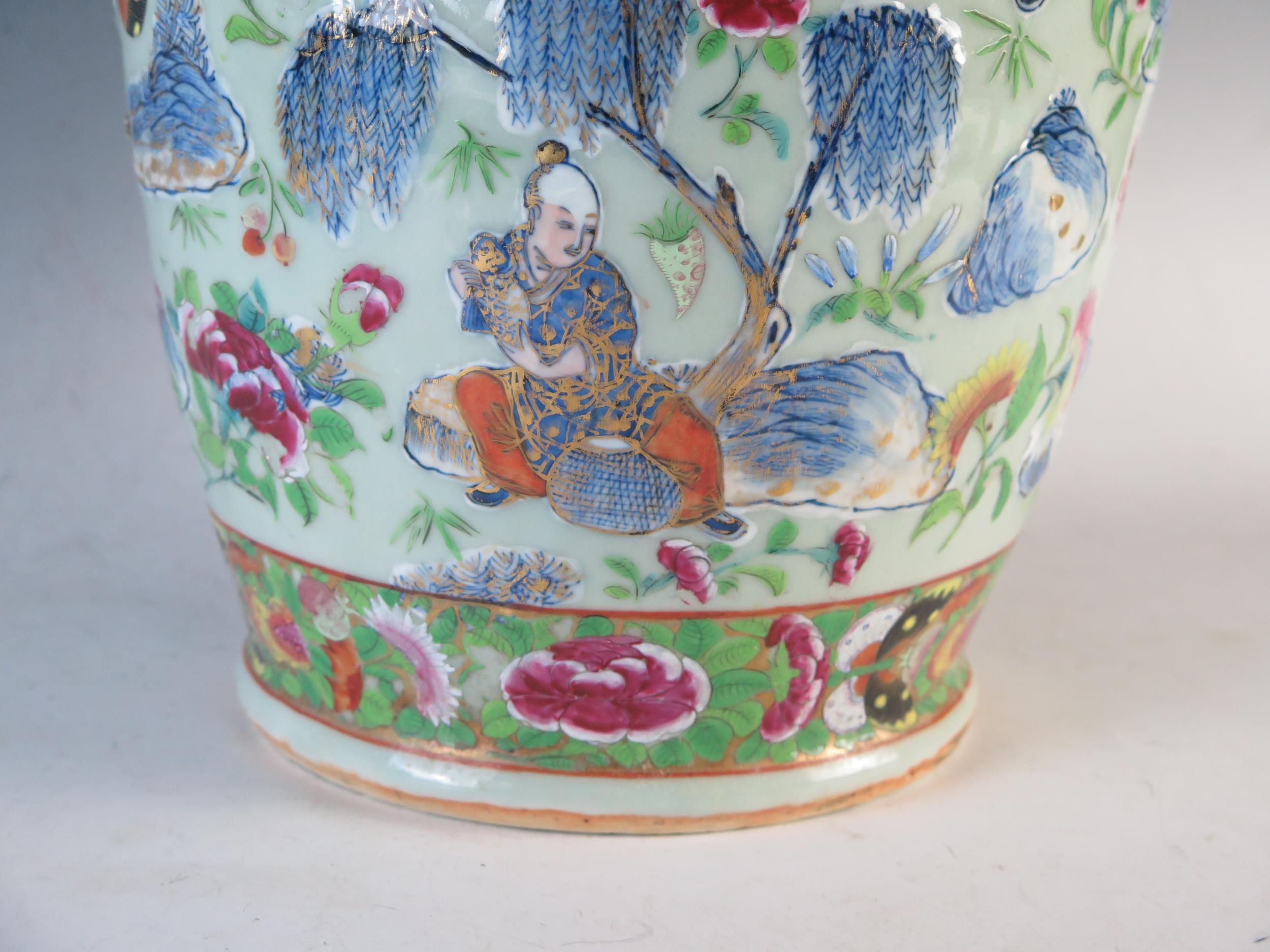 Large Chinese Famille Rose Vase, the central decoration depicts figures collecting butterflies and - Image 7 of 14