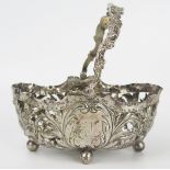 Victorian Silver, Embossed and Pierced Swing Handled Oval Basket, decorated with acanthus leaves and