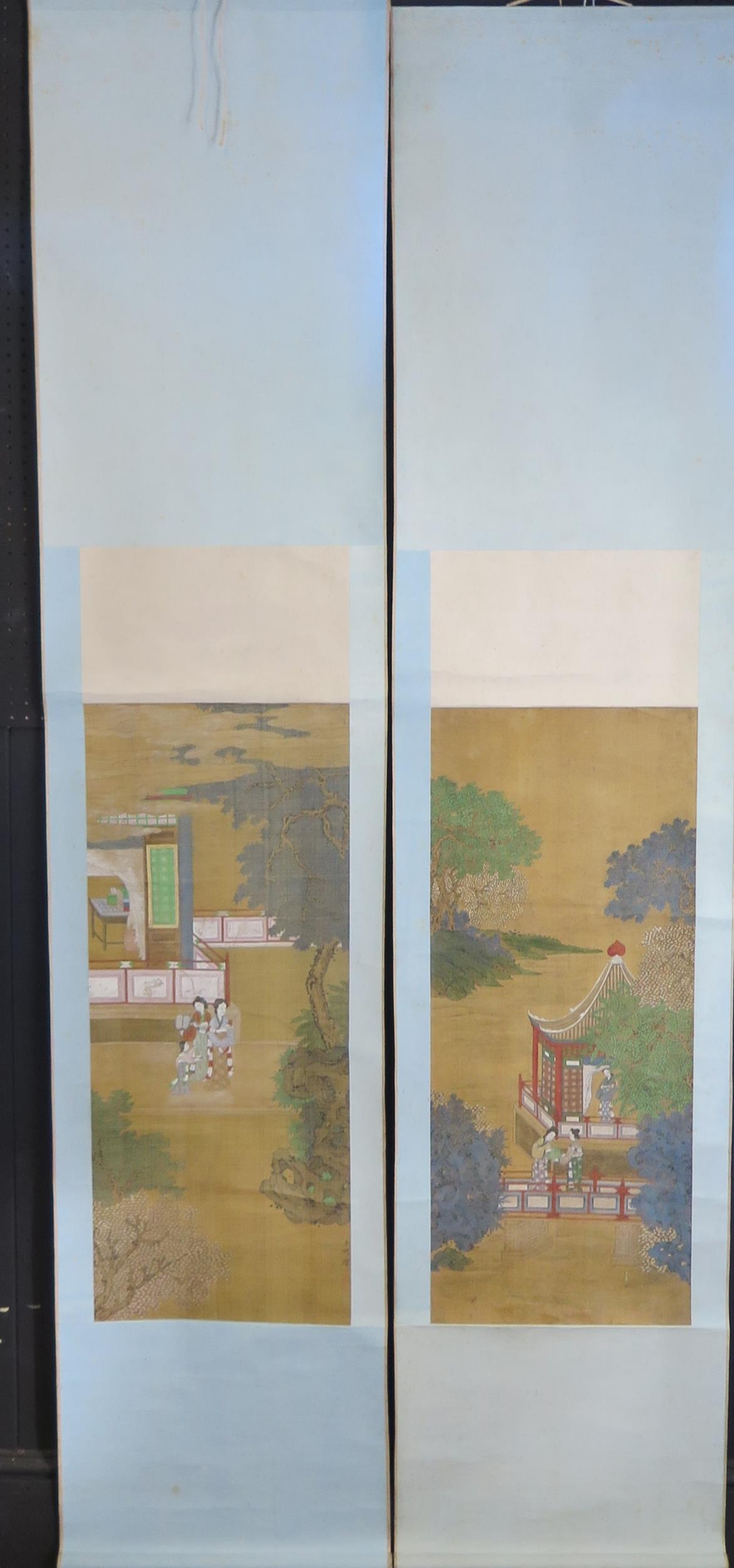 A pair of late 19th century Chinese scroll work pictures, depicting figures in a pagoda landscape, - Image 2 of 6
