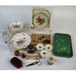 Steiff Jackie 1953 Miniature Porcelain Plate, Selcol risqué slide viewer, treen sewing measure,