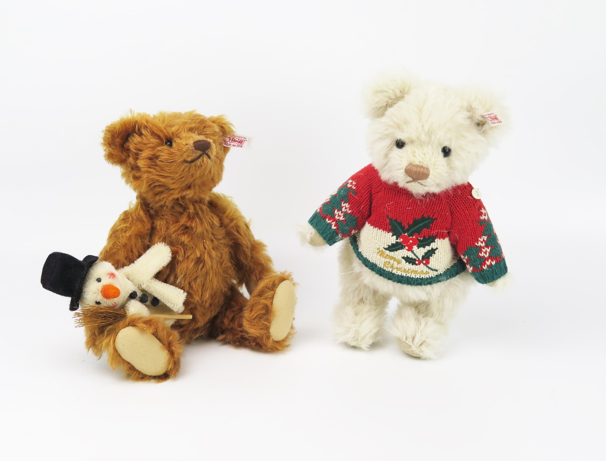 Steiff Teddy Bear Christmas Limited Edition Pair - (1) light brown bear with Frosty the Snowman