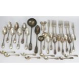 George III Silver Fiddle Thread pattern Flatware engraved with curlew crest including soup ladle,