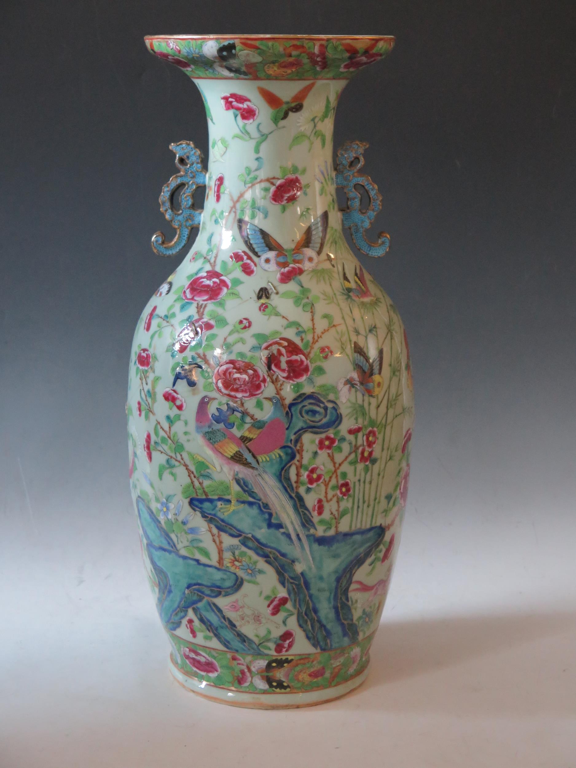 Large Chinese Famille Rose Vase, the central decoration depicts figures collecting butterflies and - Image 11 of 14