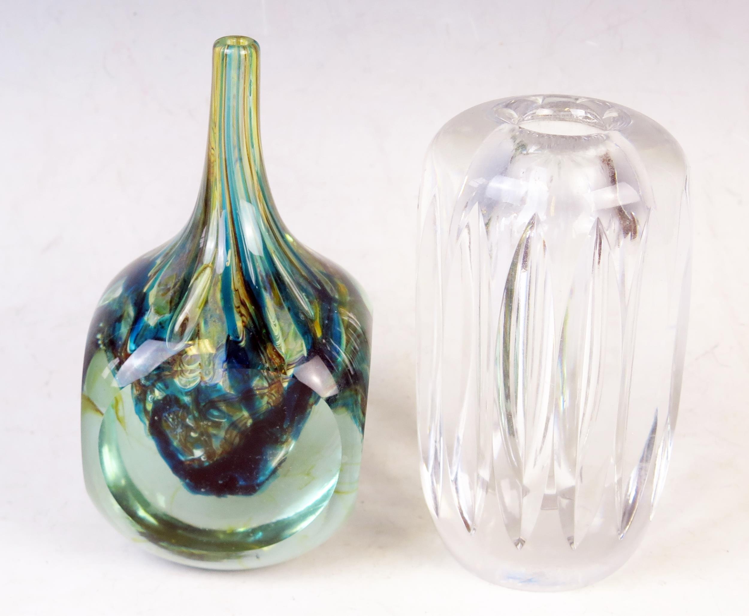 A Mdina variegated glass vase of square outline with slender neck, 18cm high, together with a