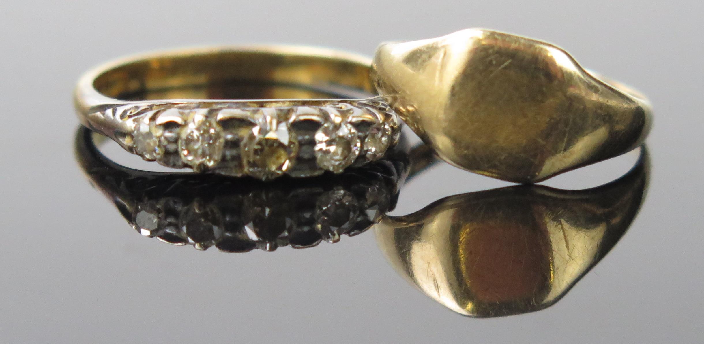 A 18ct Gold Four Stone Diamond Ring, ring size approx O, 3.15gms together with a 9ct gold signet