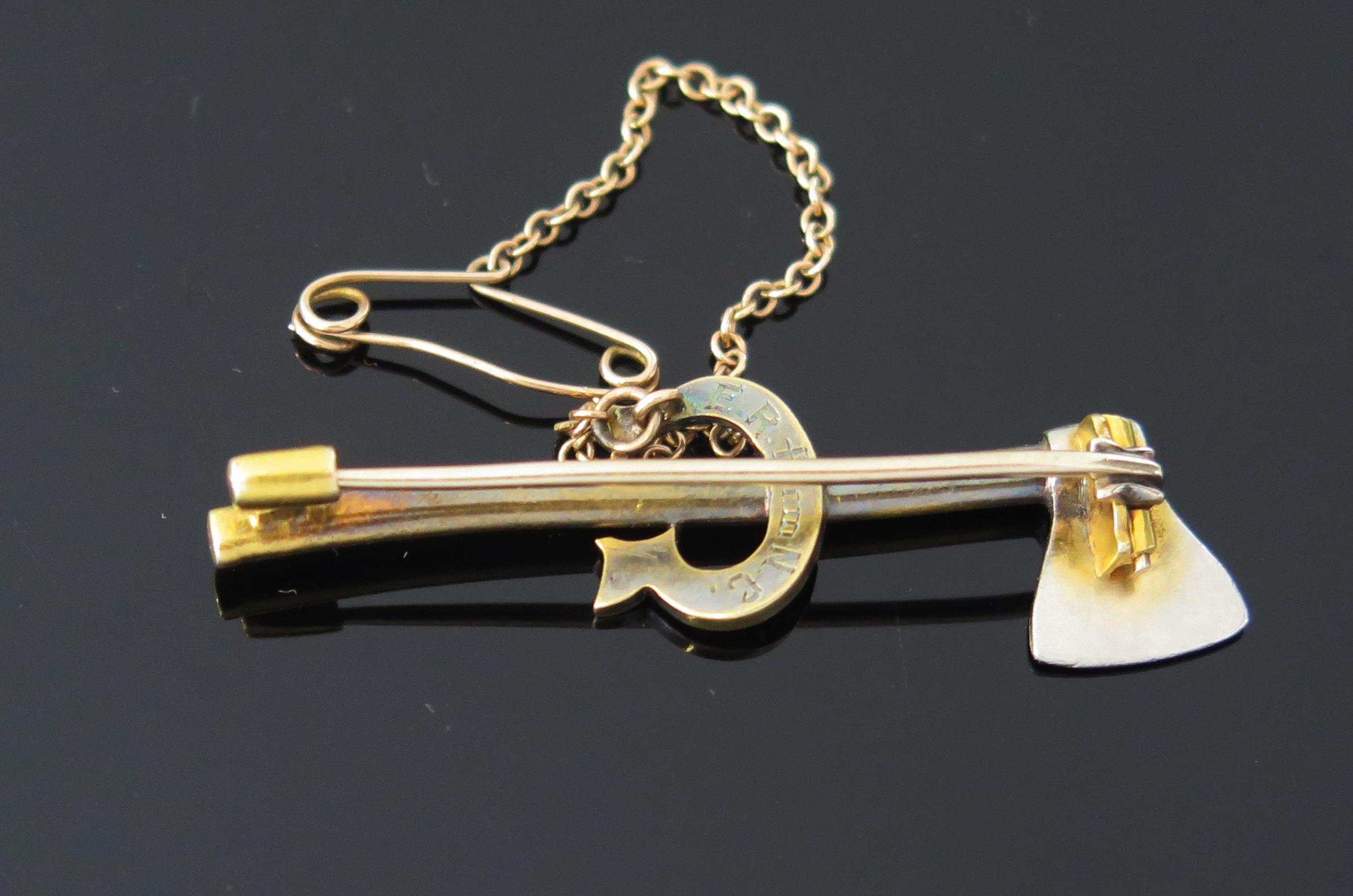 Unmarked 15ct Gold and Platinum Diamond Set Axe Brooch, with rose cut stones set in a G initial, the - Image 2 of 2