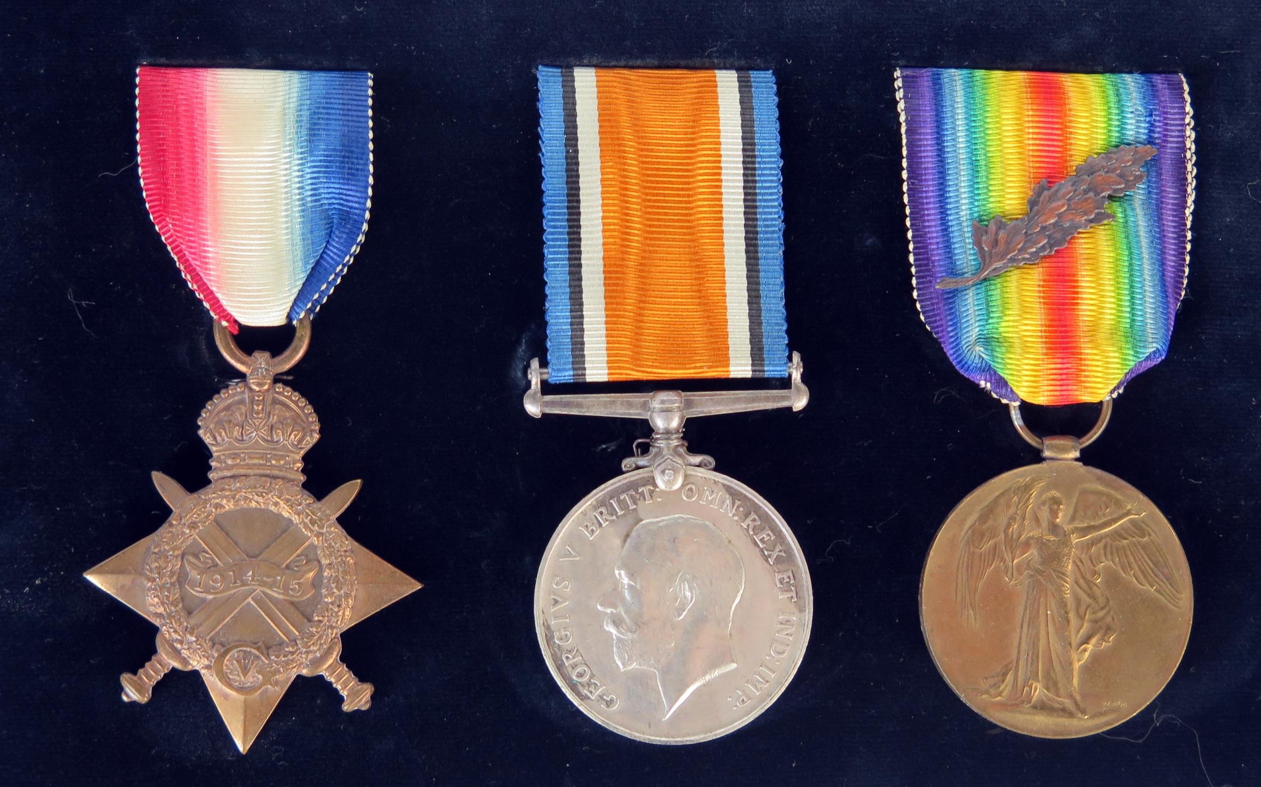 WWI British Medal Trio including Victory Medal with oak leaves and 1914-15 Star, awarded to MAJOR